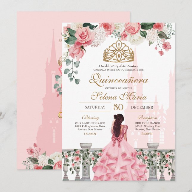 Convites Princesa Rosa Fairytale Quinceañera com Rosas (Frente/Verso)
