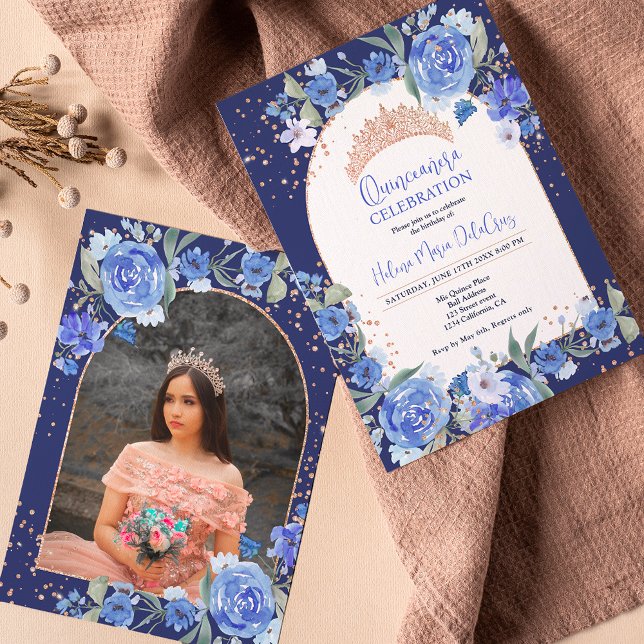 Convites Princesa Rosa floral azul de tiara Quinceanera (Criador carregado)