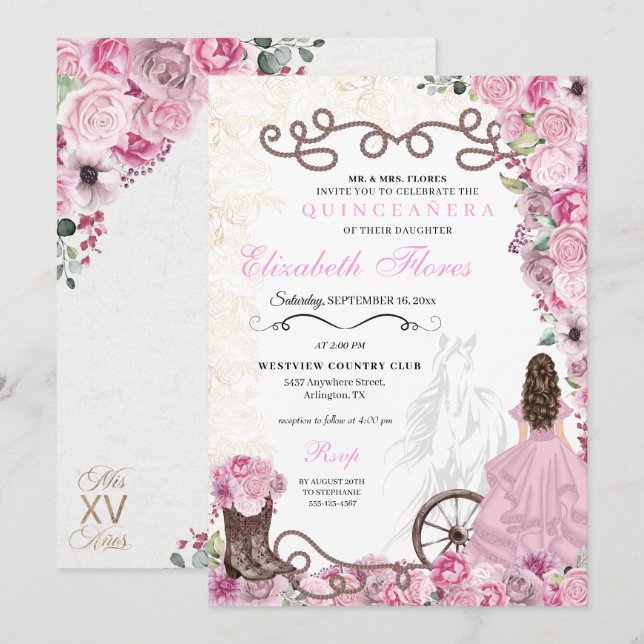 Convites Princesa Rosa Floral Carra Quinceañera Ocidental (Frente/Verso)