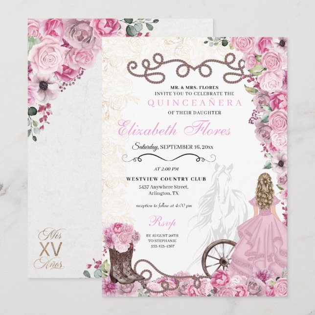 Convites Princesa Rosa Floral Carra Quinceañera Ocidental (Frente/Verso)
