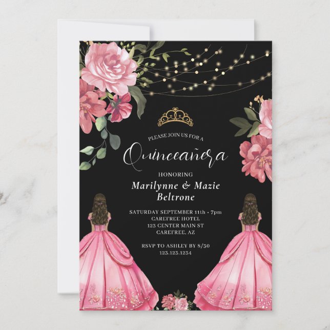 Convites Princesa Rosa Gêmeas Florais Quinceañera (Frente)