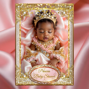 Convites Princesa Rosa Ouro Chuveiro de Bebê Menina Pérolas