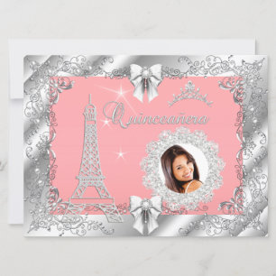 Convites Princesa Rosa PÊSSEGO Quinceanera Prata Foto GRAND