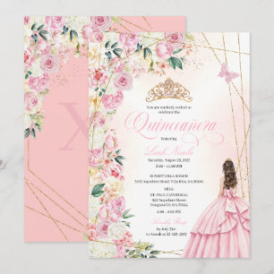 Convites Princesa Rosa Quinceañera Floral e Dourado Brilhan