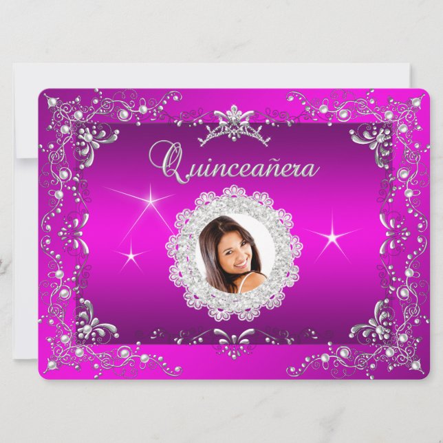 Convites Princesa Rosa Quinceanera Silver Tiara (Frente)