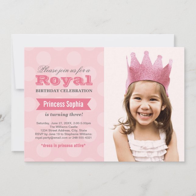 Convites Princesa Rosa Real Meninas Foto Aniversário (Frente)