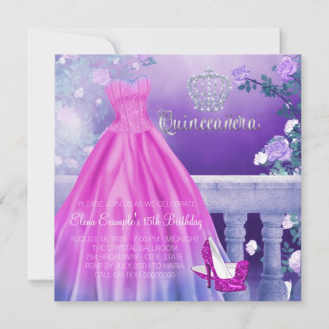 Convites Princesa Rosa Roxa Quinceanera (Frente)