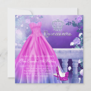 Convites Princesa Rosa Roxa Quinceanera