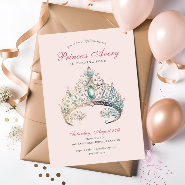Convites Princesa Rosa Watercolor Tiara Birthday (Criador carregado)