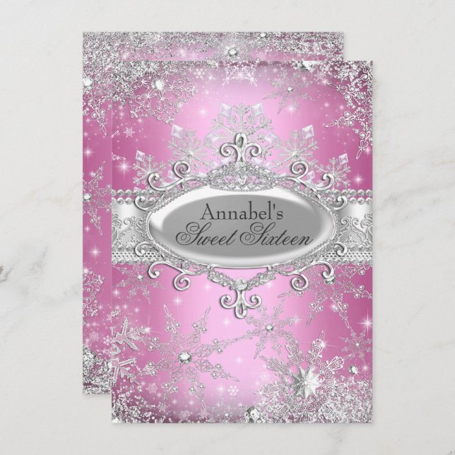 Convites Princesa Rosa Winter Wonderland Sweet 16 Invite (Frente/Verso)