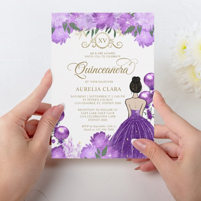 Convites Princesa Roxa Floral XV Quinceañera Aniversário (Criador carregado)
