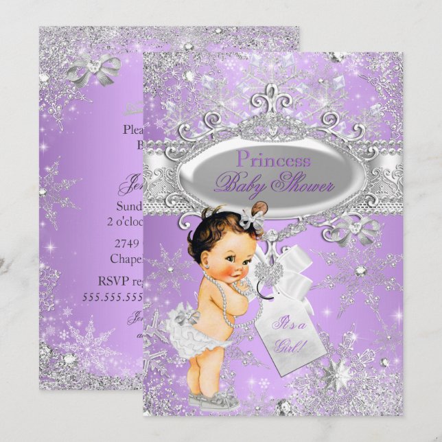 Convites Princesa Roxa Inverno Baby Shower Morena (Frente/Verso)