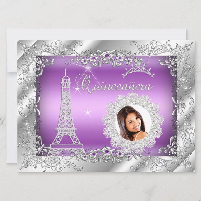 Convites Princesa Roxa Quinceanera Prata Foto GRANDE (Frente)