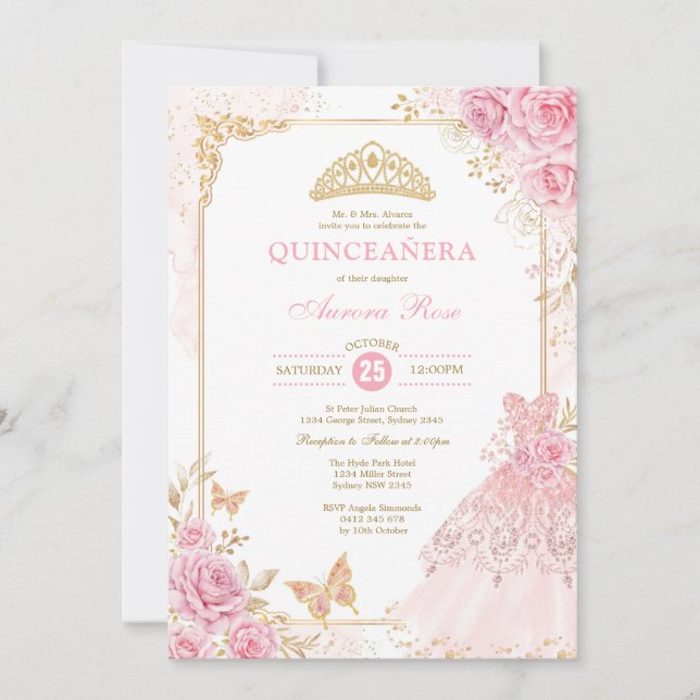 Convites Princesa Sinusona Rosa e Dourada, Quinceañera (Frente)