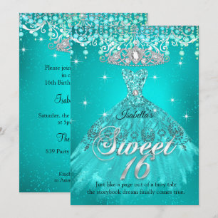 Convites Princesa Sweet 16 Aniversário Teal Aqua Dress Tiar