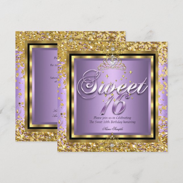 Convites Princesa Sweet 16 Dourada Lilac Purple Party (Frente/Verso)