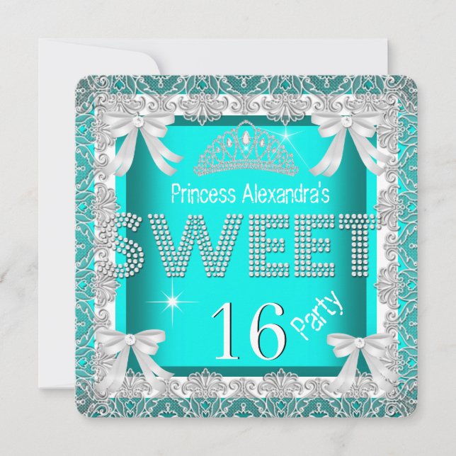 Convites Princesa Sweet 16 Glitter Teal Blue Aniversário 2 (Frente)