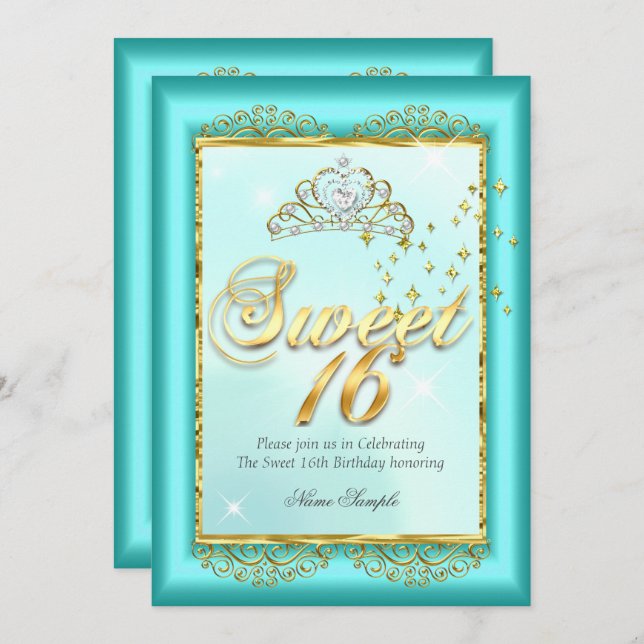 Convites Princesa Sweet 16 Teal Blue Festa de aniversário D (Frente/Verso)