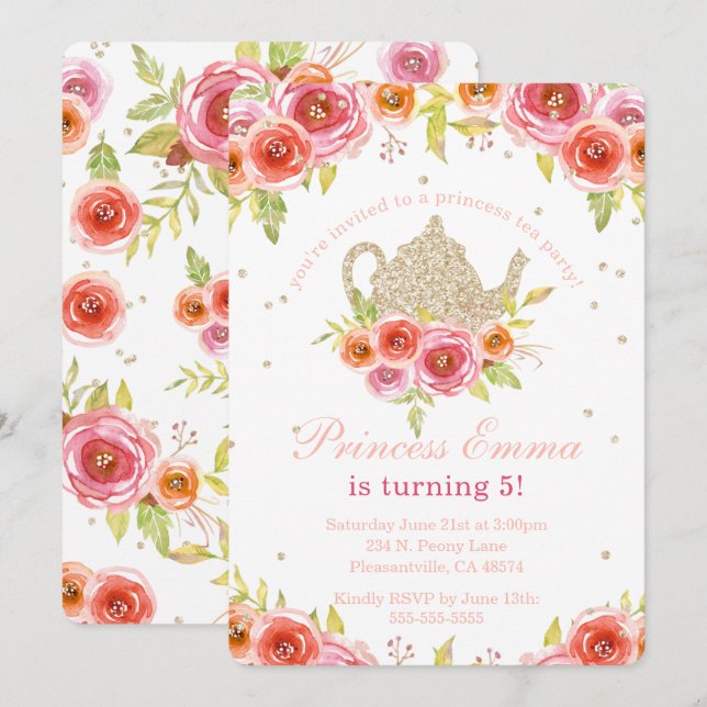 Convites Princesa Tea Party Birthday Floral Glitter (Frente/Verso)