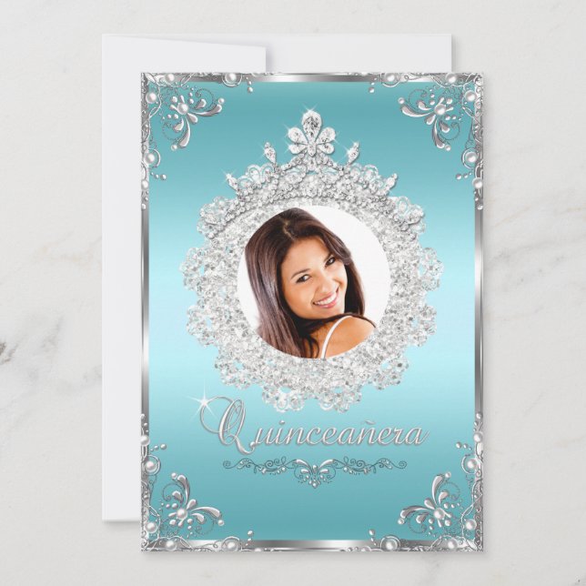 Convites Princesa Tiara Azul Prata Brilho Quinceanera (Frente)