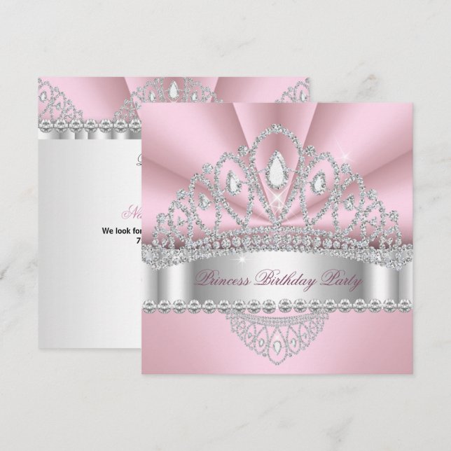 Convites Princesa Tiara de Diamante Rosa e Branco Festa de  (Frente/Verso)