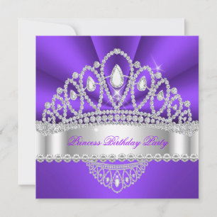 Convites Princesa Tiara de Diamante Roxo Branco de Aniversá