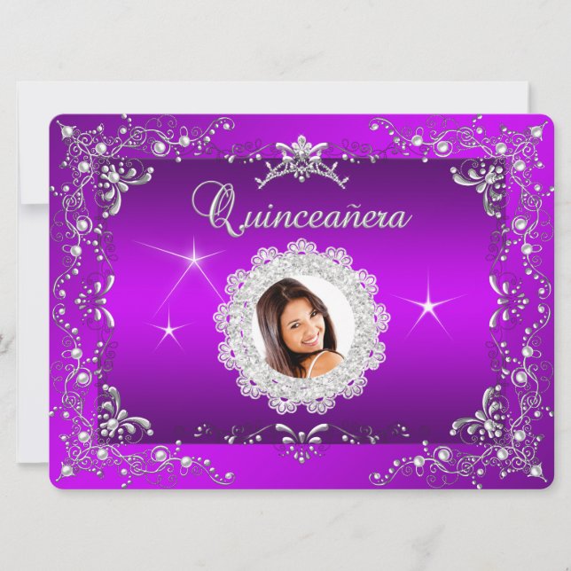 Convites Princesa Tiara de Prata Roxa Magenta Quinceanera (Frente)