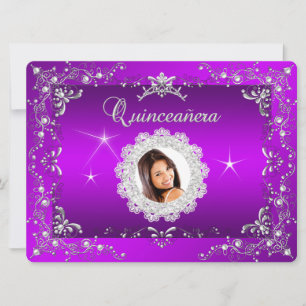 Convites Princesa Tiara de Prata Roxa Magenta Quinceanera