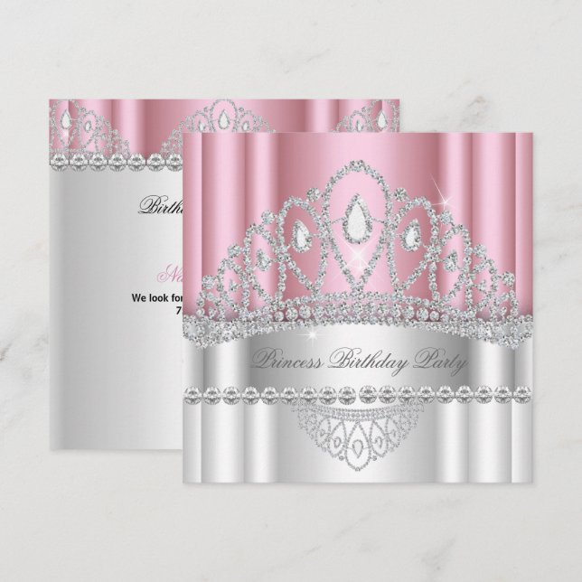 Convites Princesa Tiara Diamante Branco Rosa Claro Aniversá (Frente/Verso)