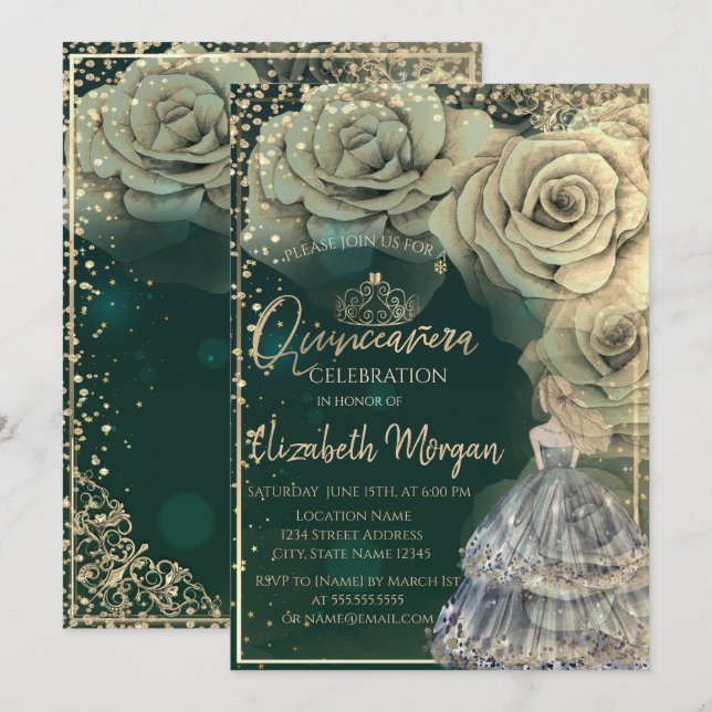 Convites Princesa, Tiara Dourada, Rosas Diamantes  (Frente/Verso)