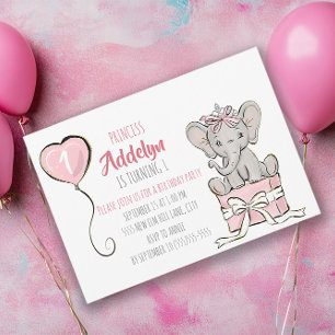 Convites Princesa Tiara Elefante Balão Rosa 1º Aniversário