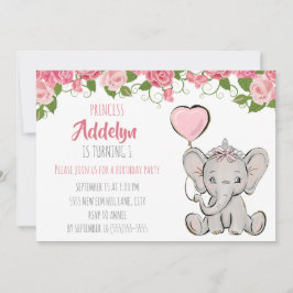 Convites Princesa Tiara Elefante Rosa Floral 1º Aniversário