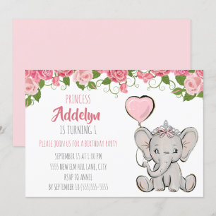 Convites Princesa Tiara Elefante Rosa Floral 1º Aniversário