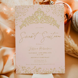 Convites Princesa tiara - foto cor-de-rosa com brilho doura