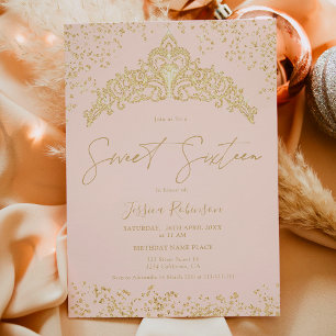 Convites Princesa tiara - foto cor-de-rosa com brilho doura