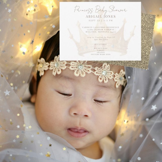 Convites Princesa Tiara Glam White e Chá de fraldas Dourado (Criador carregado)