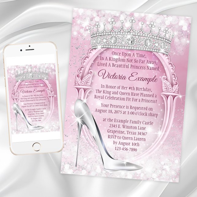 Convites Princesa Tiara Glass Slipper Cinderella Birthday (Princess Birthday Invitation with glass slipper and tiara. Any occasion princess invitation. )