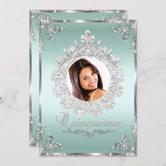 Convites Princesa Tiara Mint Silver Sparkle Quinceanera (Frente/Verso)