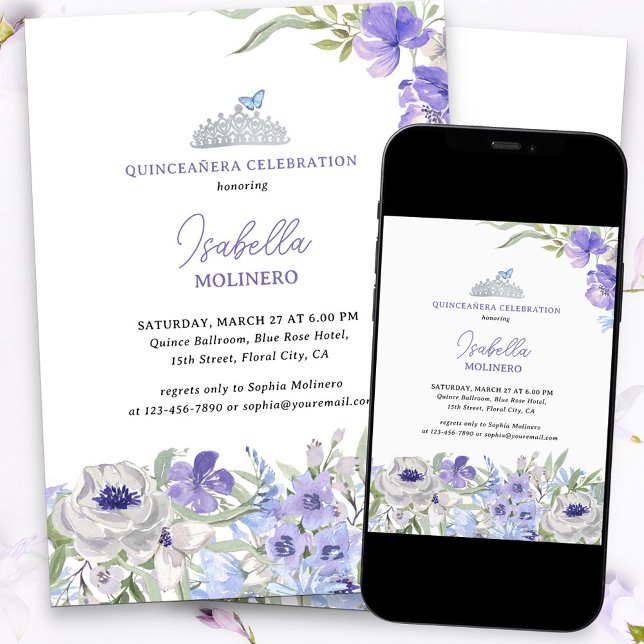 Convites Princesa Tiara Purple Peri Floral Quinceanera (Purple floral quinceanera invitation with silver tiara and butterfly)