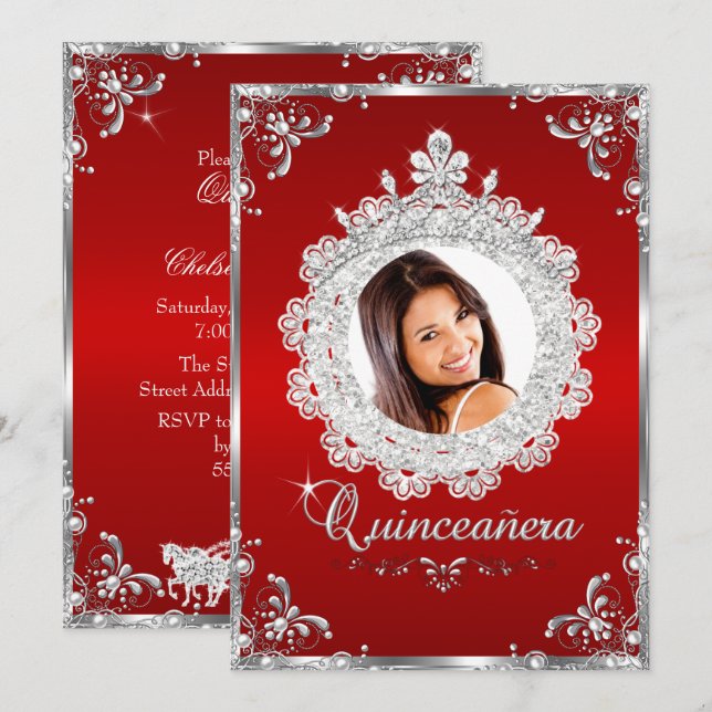 Convites Princesa Tiara Red Silver Sparkle Quinceanera (Frente/Verso)