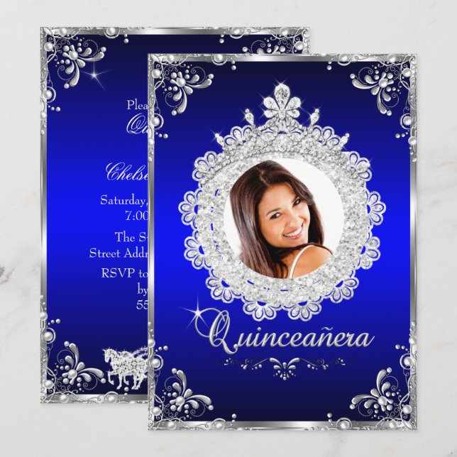 Convites Princesa Tiara Royal Blue Sparkle Quinceanera (Frente/Verso)