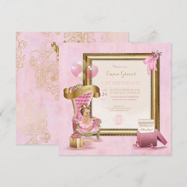 Convites Princesa Trono de Veludo Rosa Coroa Dourada Aniver (Frente/Verso)