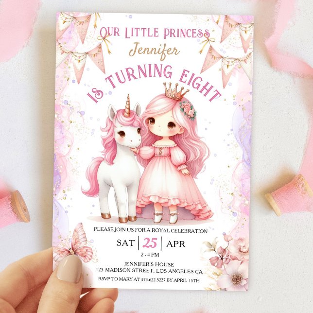 Convites Princesa Unicorn 8º Aniversário Rapariga Rosa Conv (Criador carregado)