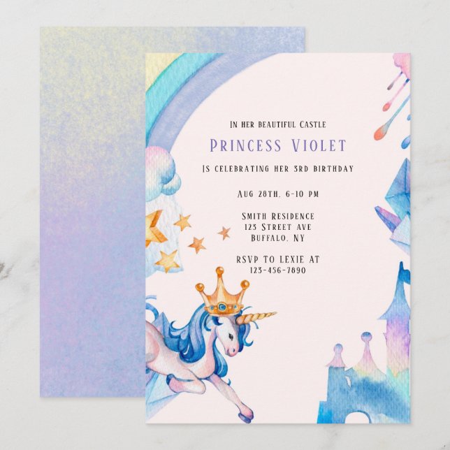 Convites Princesa Unicorn Castle 00th Festa de aniversário (Frente/Verso)