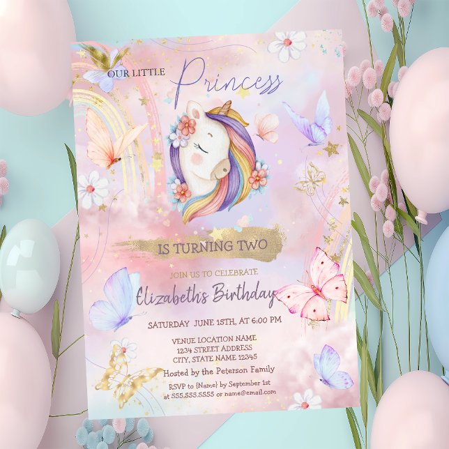 Convites Princesa Unicórnio Borboleta Arco-íris Aniversário (Criador carregado)