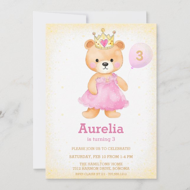 Convites Princesa urso rosa Aniversário (Frente)
