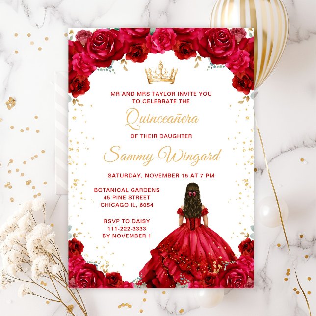 Convites Princesa Vermelha Floral Quinceañera (Criador carregado)