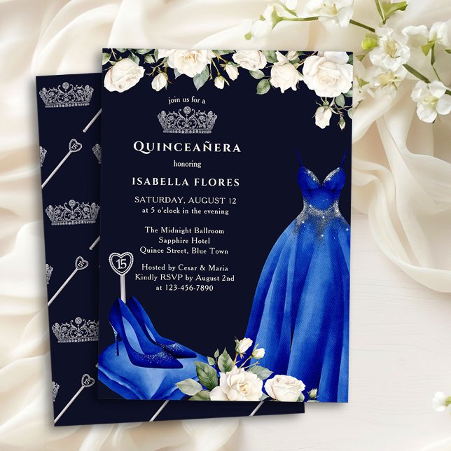 Convites Princesa Vestida e Rosas Blue Quinceanera (Quinceanera Invitation from the Princess Dress and Roses Quinceanera collection by Darling & May)