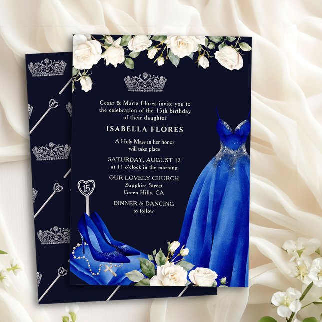 Convites Princesa Vestida e Rosas Blue Quinceanera Mass (Quinceanera + Mass Invite from the Princess Dress and Roses Quinceanera collection by Darling & May)