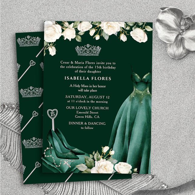 Convites Princesa Vestida e Rosas Cinceanera Verde (Quinceanera Mass Invitation from Princess Dress and Roses Quinceanera Collection by Darling & May)